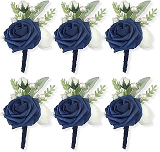 Rinlong 6Pcs Navy Blue Boutonnieres for Men Wedding Boutonnieres with Pins for Groom Brooch Best Man Navy Blue Boutonnieres for Wedding Prom