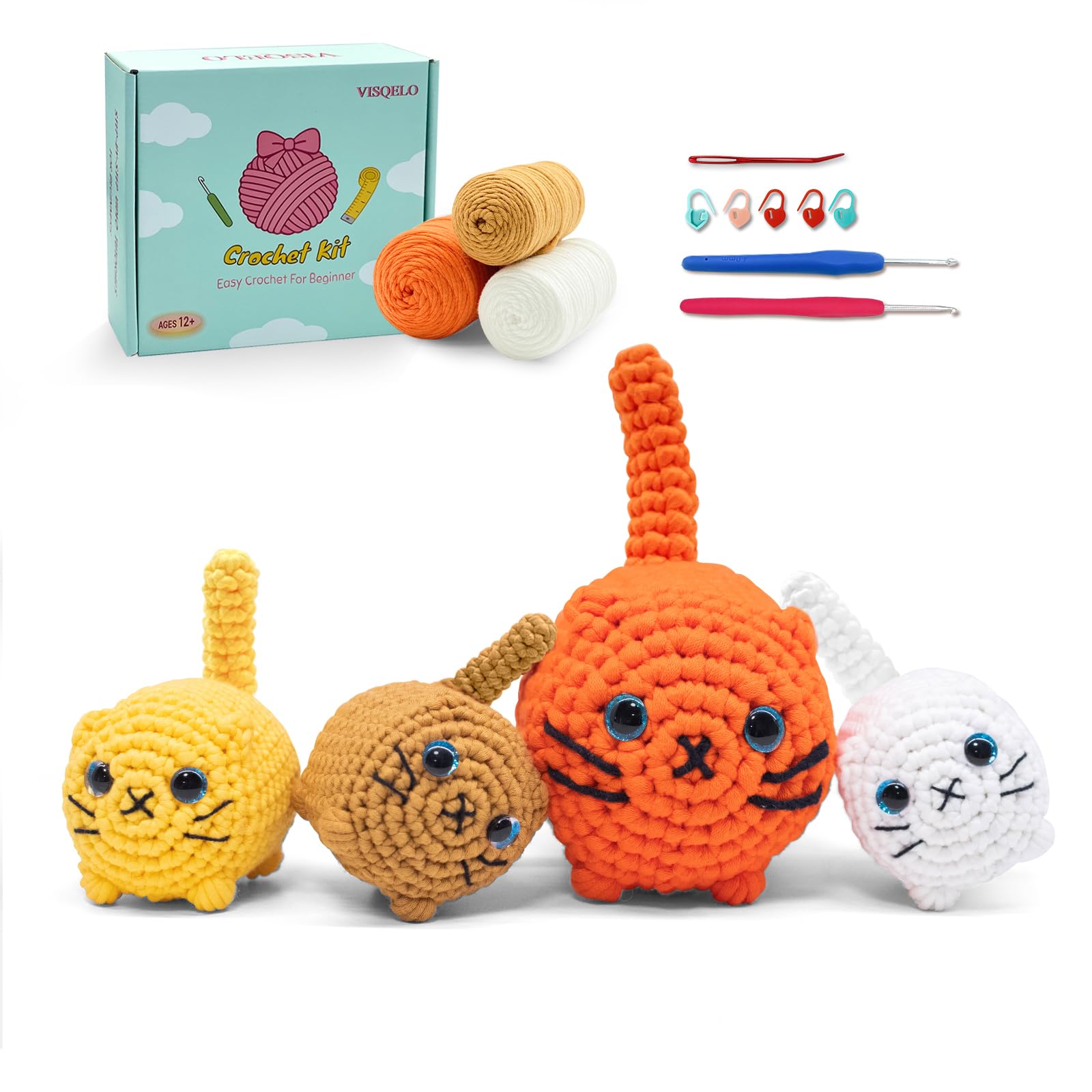 VISQELO Amigurumi Crochet Kit for Beginners Adults, 4 Pcs Loaf Cat Family Animal Starter Set with Video Tutorials, Learn to Crochet DIY Handcraft Knitting Gifts for Women Teens