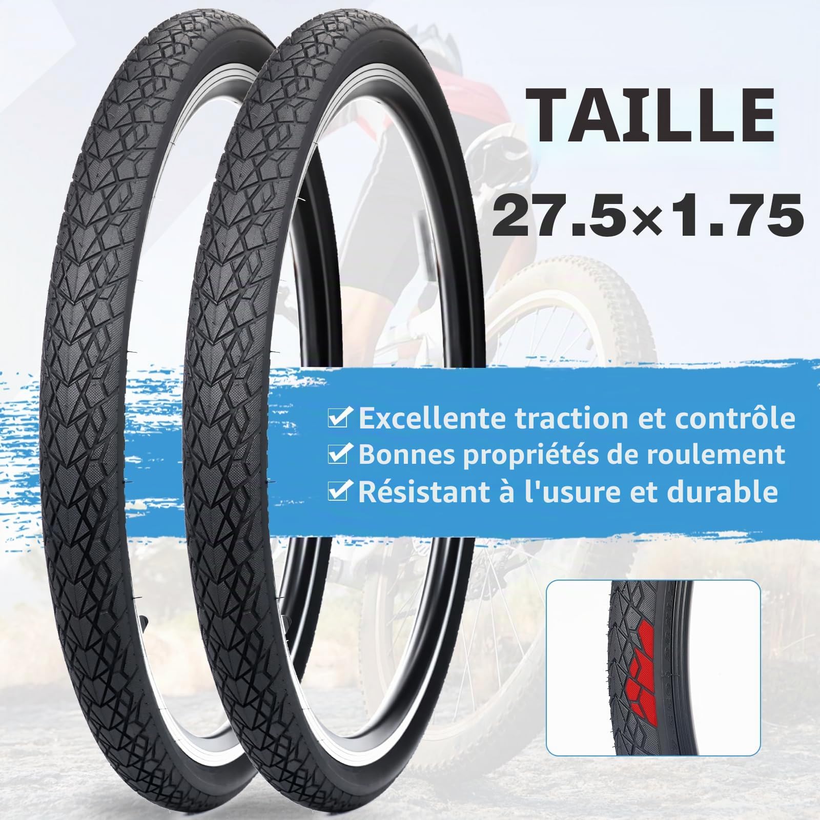 ZUKKA Pneu de vélo 27,5 x 1,75 (47-584) Pneu de rechange + chambres à air avec valve Schrader pour VTT et Cruiser Noir
