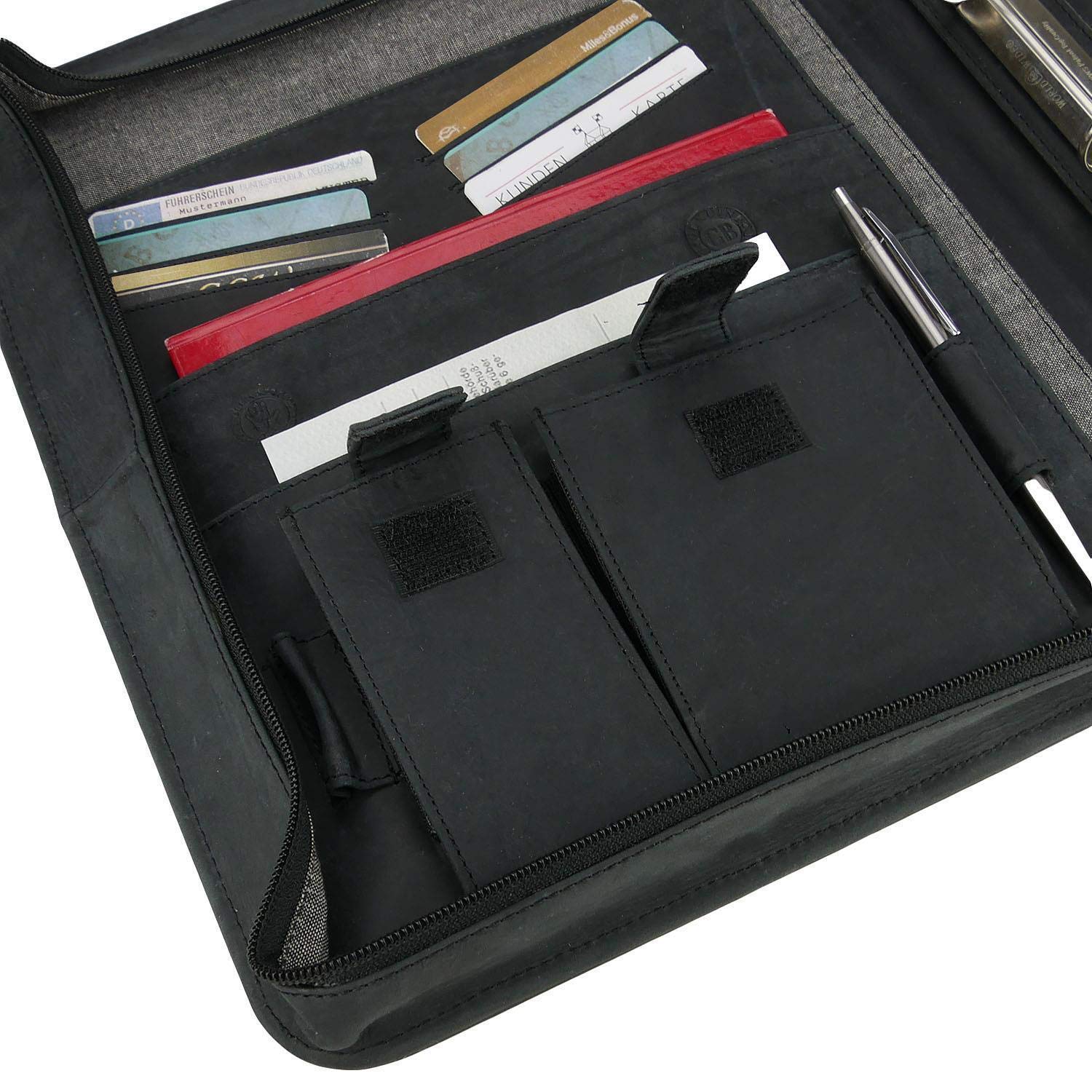 Greenburry Dokumentenmappe Leder - Schwarz Vintage Revival - Hochwertiges Rindsleder - Schreibmappe Leder - Konferenzmappe Leder - Ringbuch Leder