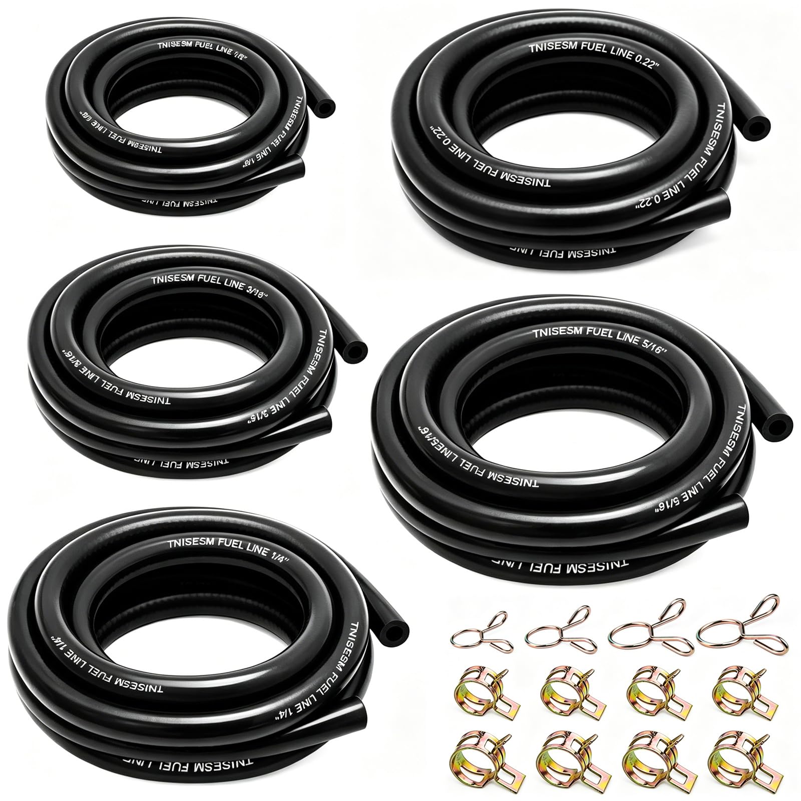 Tnisesm 3-Feet Fuel Hose Line - 1/8" 3/16" 0.22" 1/4" 5/16"ID Fuel Line Gas Tube Hose with 40Pcs Clamps for Small Engines Kawasaki EZGO Golf Cart Snowmobile Motorcycle ATV Tractor Lawn Mowers