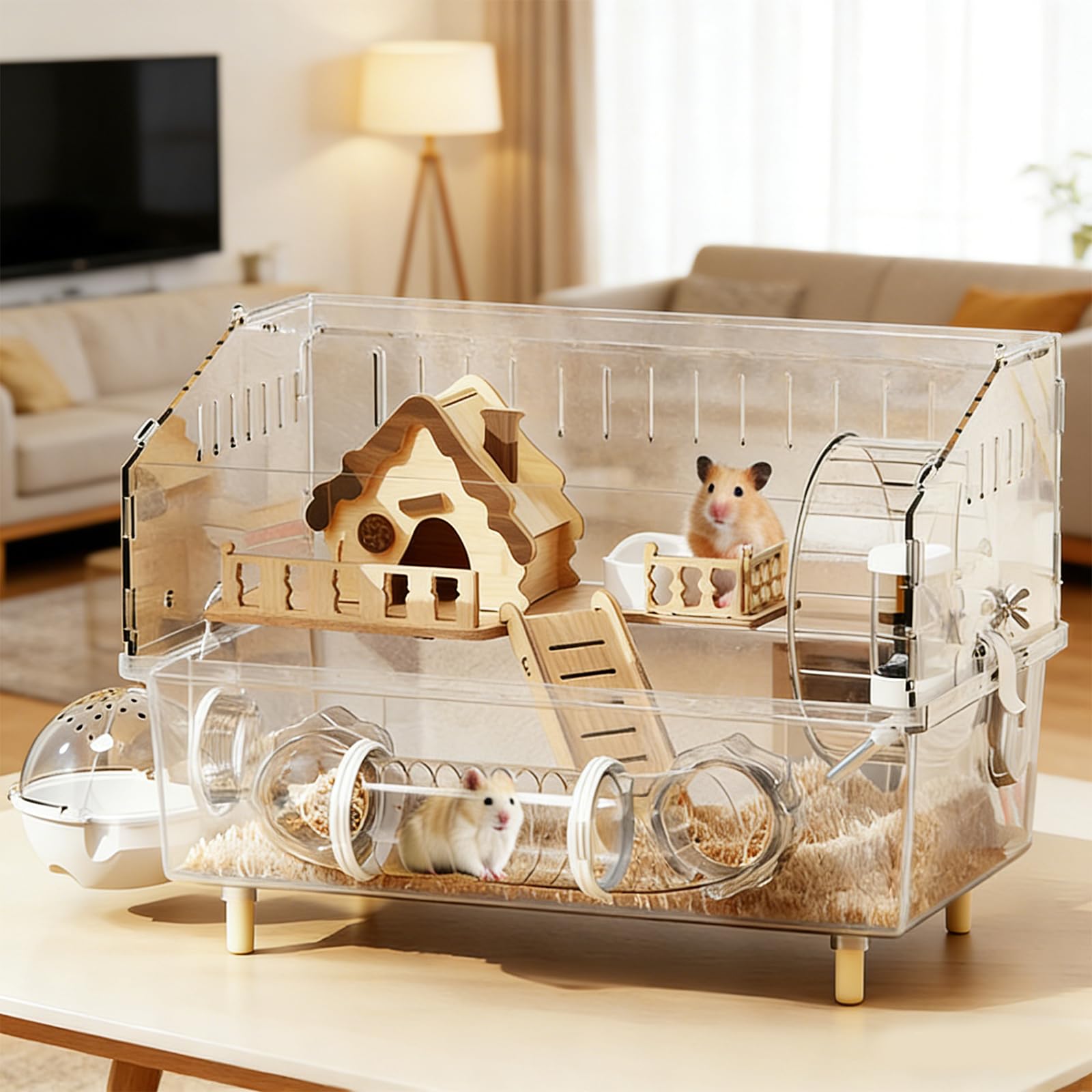 Jaula grande de acrílico para hámster, jaula de hámster 8 en 1, jaulas de jerbo de 2 capas, 45 x 28 x 34 cm, casa de hámster abierta con todos los accesorios, ratones para mascotas, hámster enano