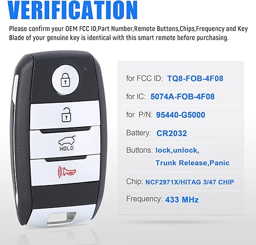 Miniatura 3 de Llavero inteligente para automóvil con entrada sin llave de repuesto para Kia Niro 2017 2018 2019 433MHz ID47Chip (FCC ID TQ8-FOB-4F08 PN