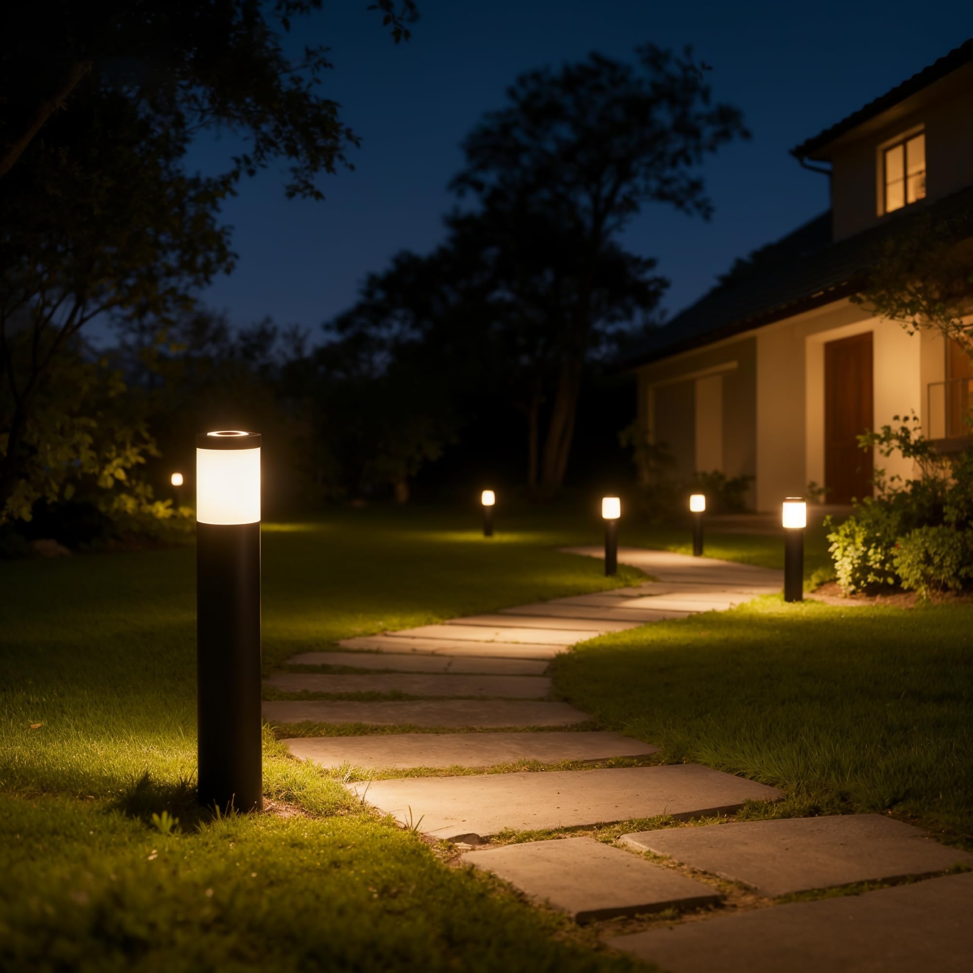 JNR 4 Pack Edelstahl Wegeleuchten Außen mit Erdspieß 230V, Schwarz | IP65 Wasserdicht, Höhe 500 mm inkl GU10 5W 3000k warmweiß LED Glühbirne, Gartenbeleuchtung, Gartenlampen, Gartenleuchten
