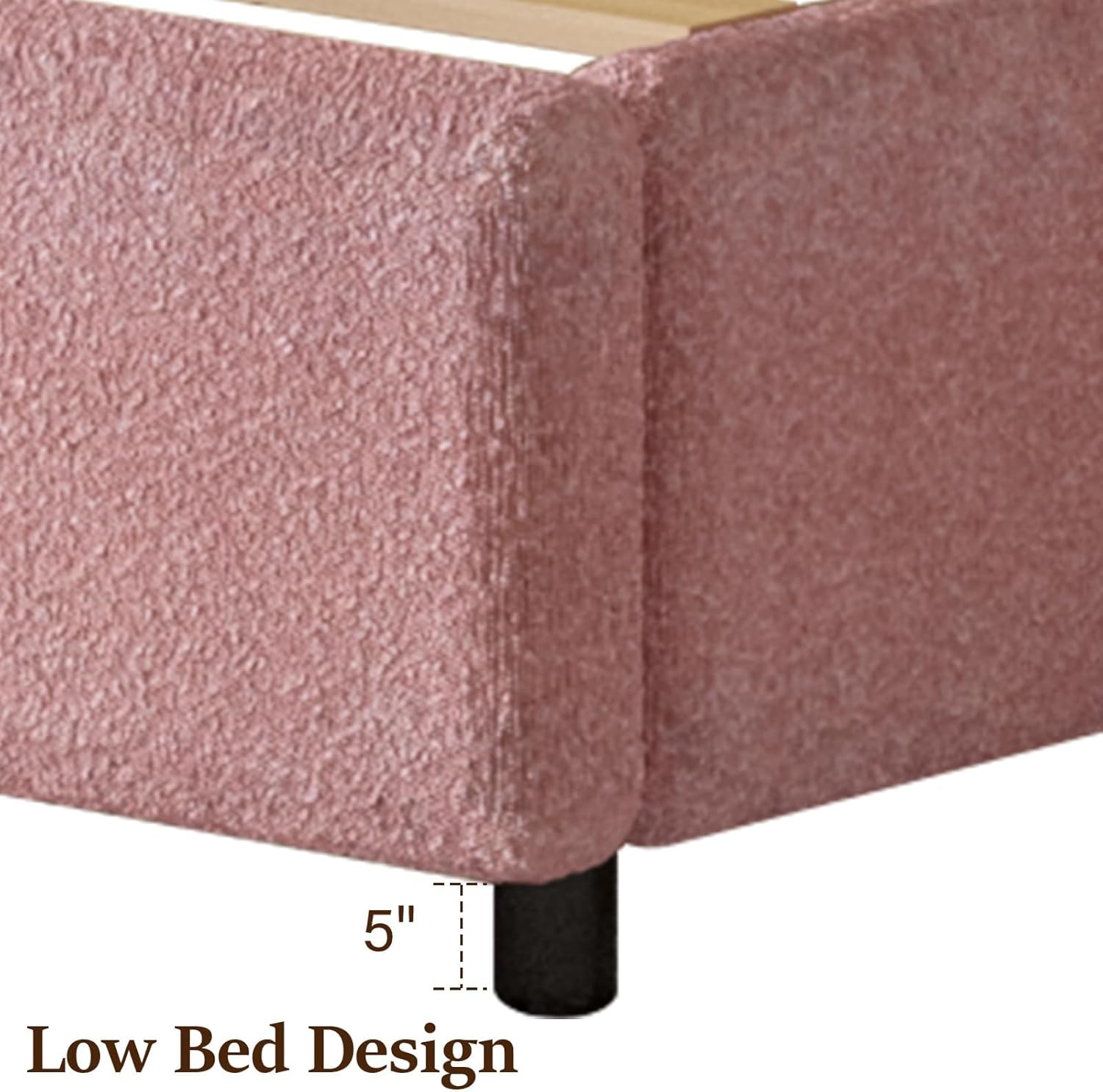 REVOMINCA King Size Bed Frame, Boucle Upholstered Platform Bed with Headboard, Soft Bed Frame with Round Conner, No Box Spring Required, Easy Assembly, Pink