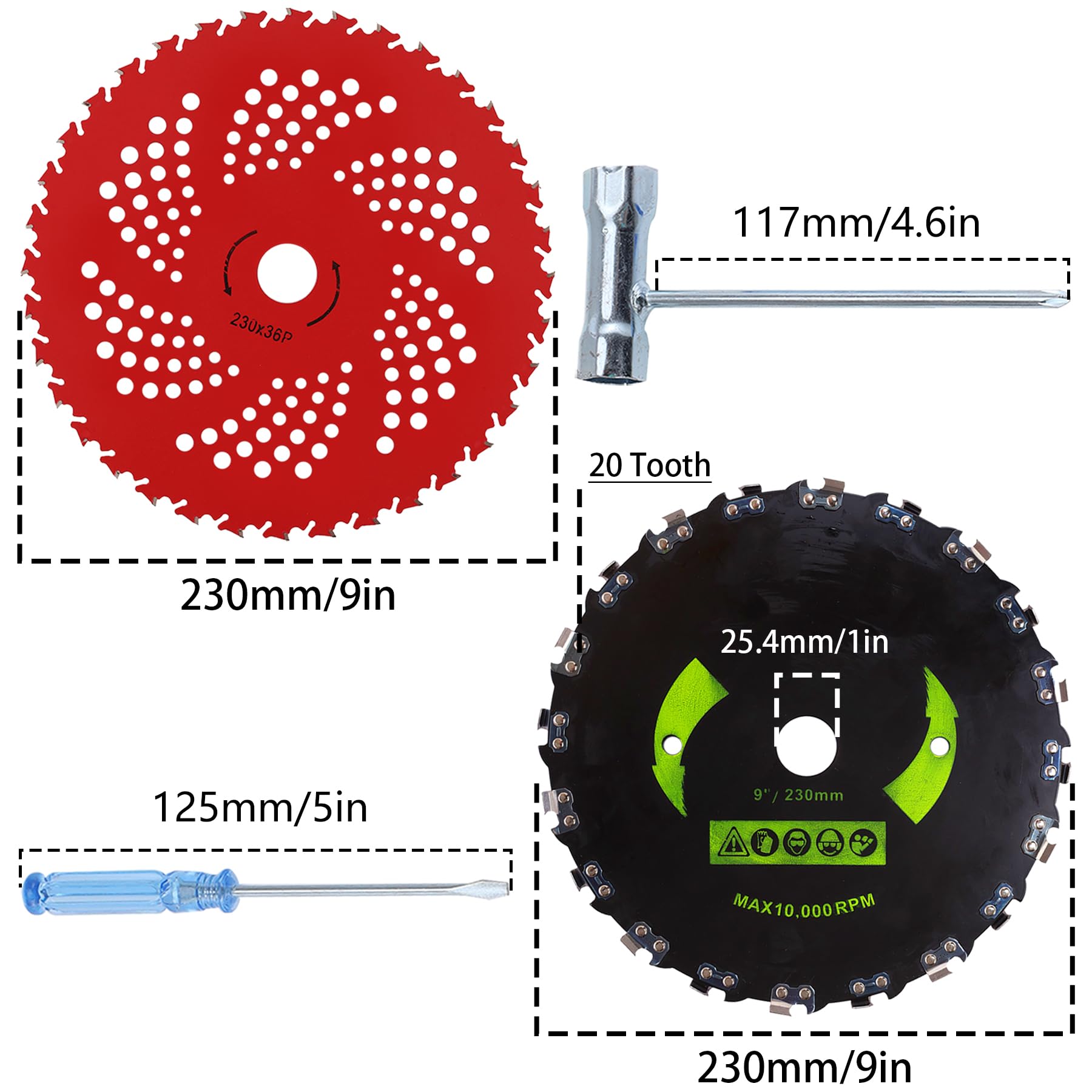 PLAXNS Cortador de dientes de motosierra de 9 pulgadas x 20T y cuchillas con punta de carburo de 9 x 36 dientes, con kit de adaptador universal, cabezal de recortadora de acero inoxidable de alta