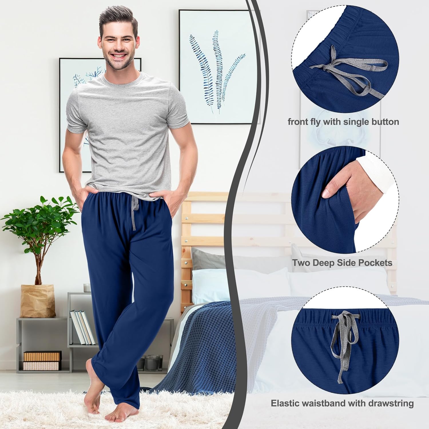3 Pack Mens Cotton Sleepwear Pajamas Pants with Pockets Soft Sleep Lounge Bottoms Sleep Pj Bottoms for Men - Image 3