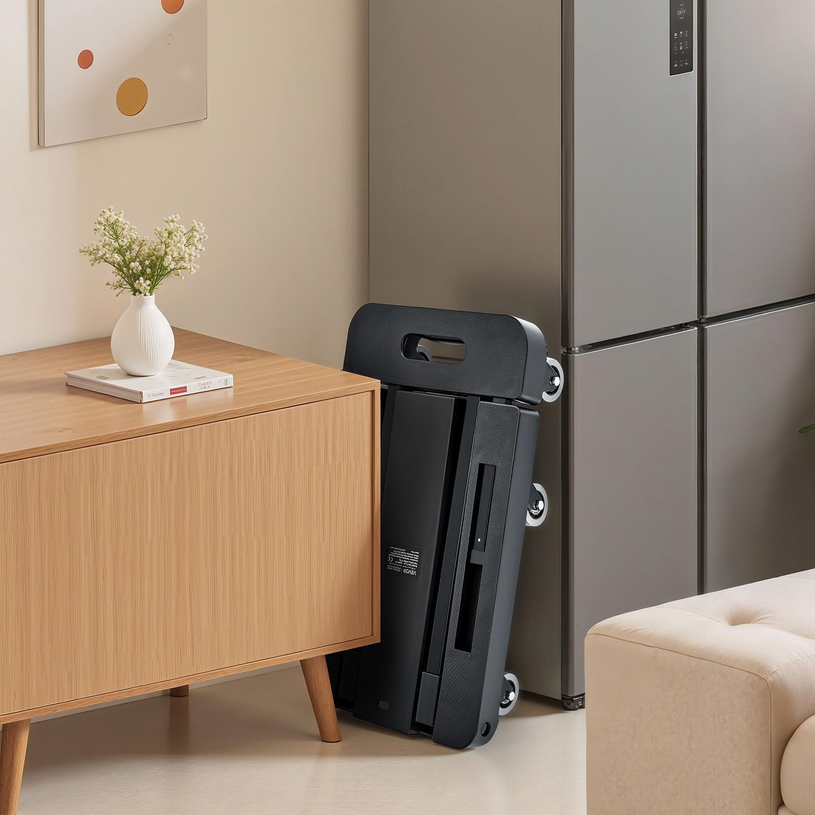VEVOR Carretilla de Mano Plegable, Carrito de Equipaje Plegable con 6 Ruedas, 2 Cuerdas Elásticas y Base Expandible Carga de 226,8 kg para Equipaje de Viaje, Aeropuerto, Oficina, Mudanza, Negro