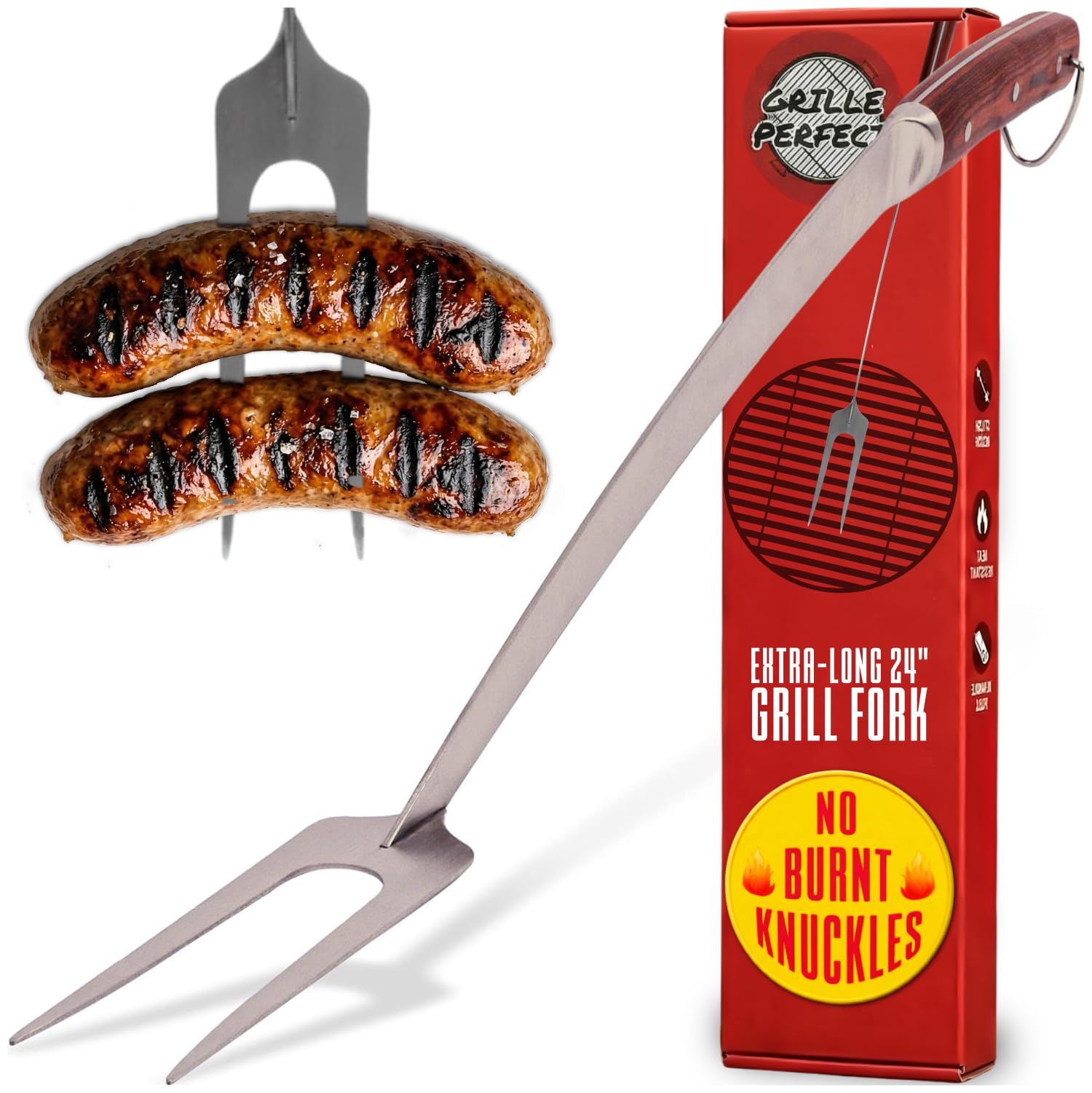 Tenedor de parrilla de 24 pulgadas súper largo para asar, parrilla y hoguera, cuello curvado extrafuerte, mango de madera dura, dientes grandes de acero inoxidable para barbacoa, cocina al aire libre