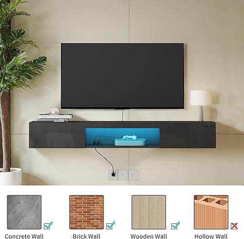 Miniatura 5 de Vibe & Dine Soporte de TV LED con toma de corriente, soporte de TV flotante de 65 pulgadas con luces RGB, centro de entretenimiento montado en la