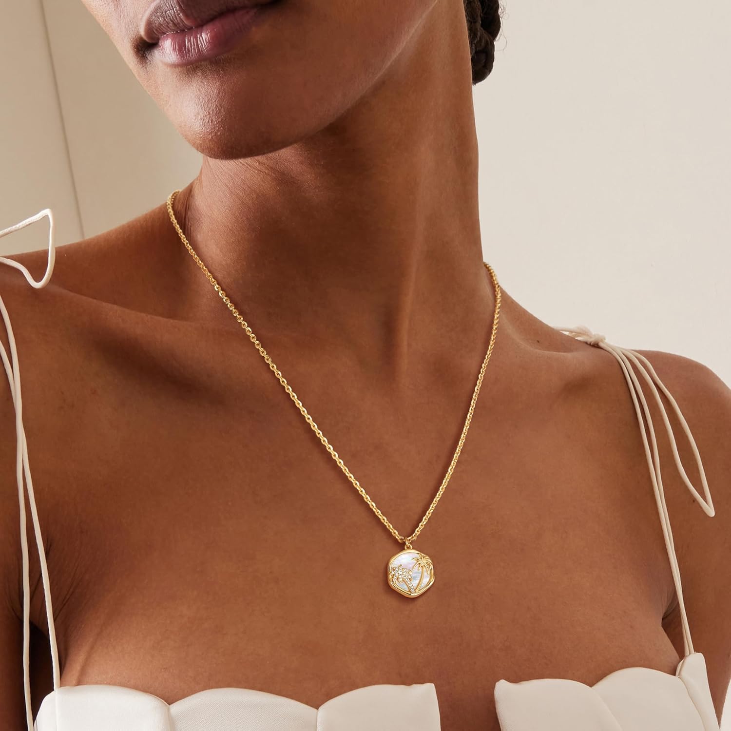 Fettero 14K Gold Plated Necklaces for Women Dainty Mother of Pearl Pendant, Love Heart | Palm Tree | Compass | Cross Charm MOP Gold Necklace Jewelry Gift - Image 3