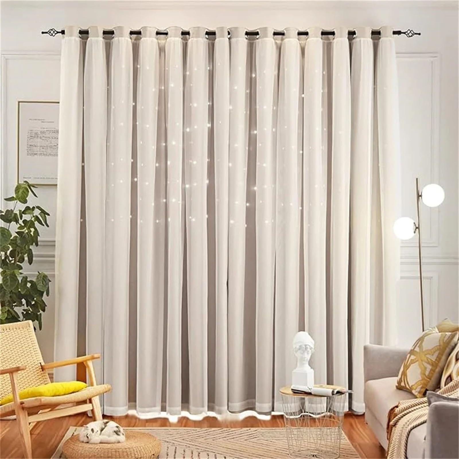 Double rideaux occultants de prestige en tulle beige | Finition étoilée exclusive