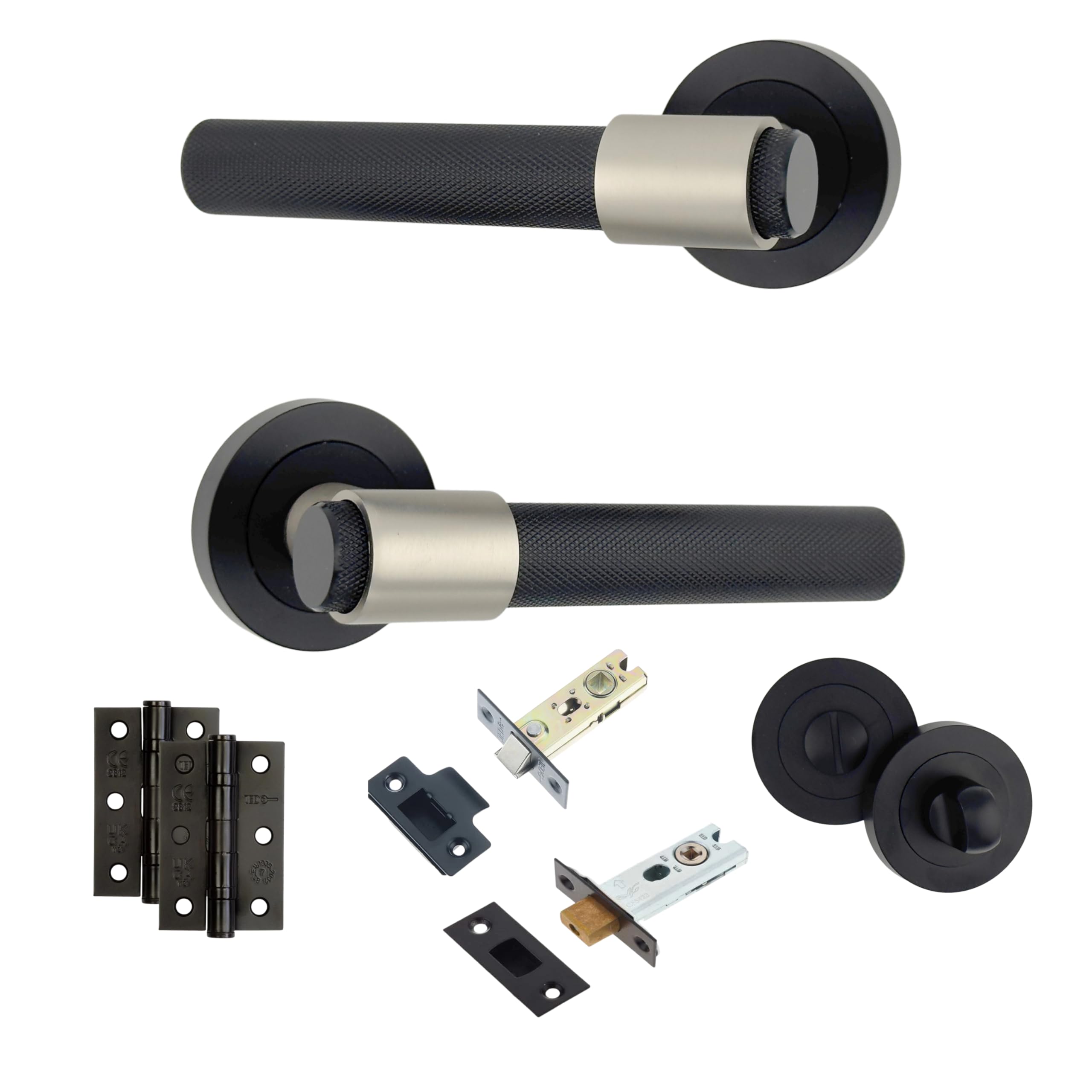 AXS Dakota Internal Door Handles on Rose – Lever Handle Pair for Wooden Doors – Modern Concealed Fix – Fits Standard UK Tubular Latch (Black, Bathroom Door Pack - 44mm Backset)