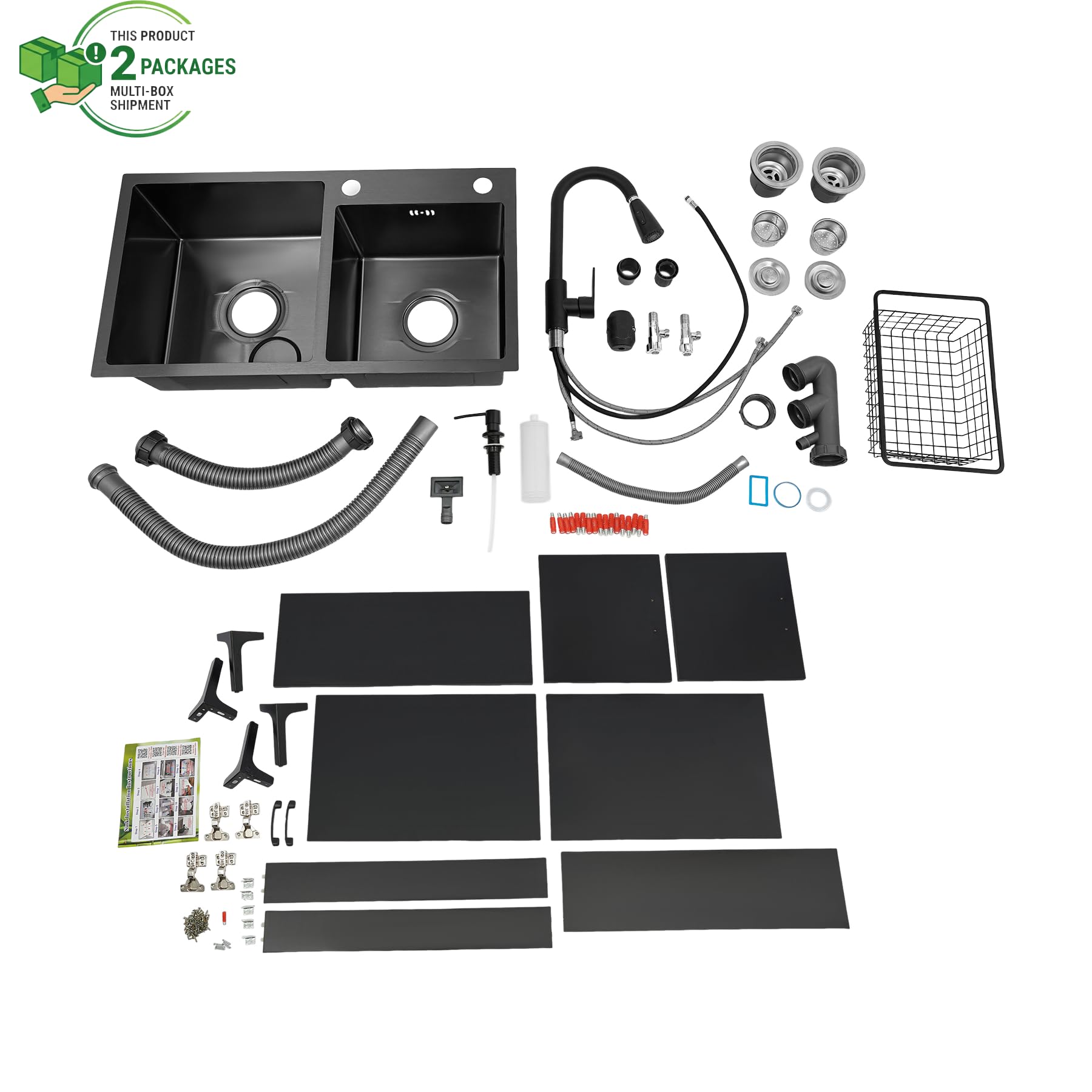 Lavello da cucina autoportante in acciaio inox con 2 vasche da 75 x 41 cm, lavello nero con rubinetto estraibile e mobiletto inferiore, per cucina domestica, giardino, esterni, lavanderia