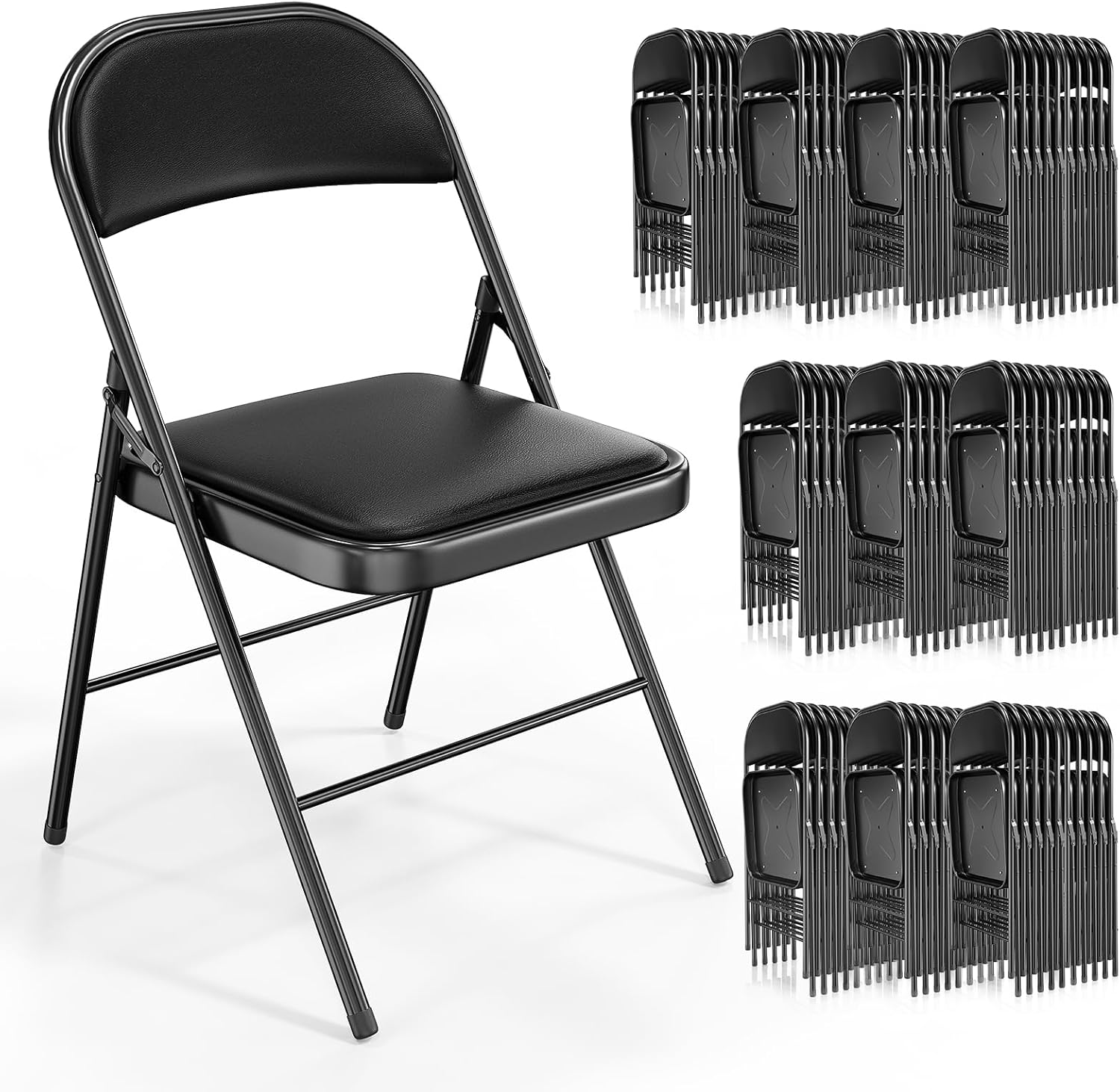 VINGLI Padded Folding Chairs,Metal Folding Chairs,with PU Leather Backrest and Seat, Equipped with Non-Slip Foot Plugs, Suitable for Indoor,Patio and Outdoor Use. Black (100 Pack)