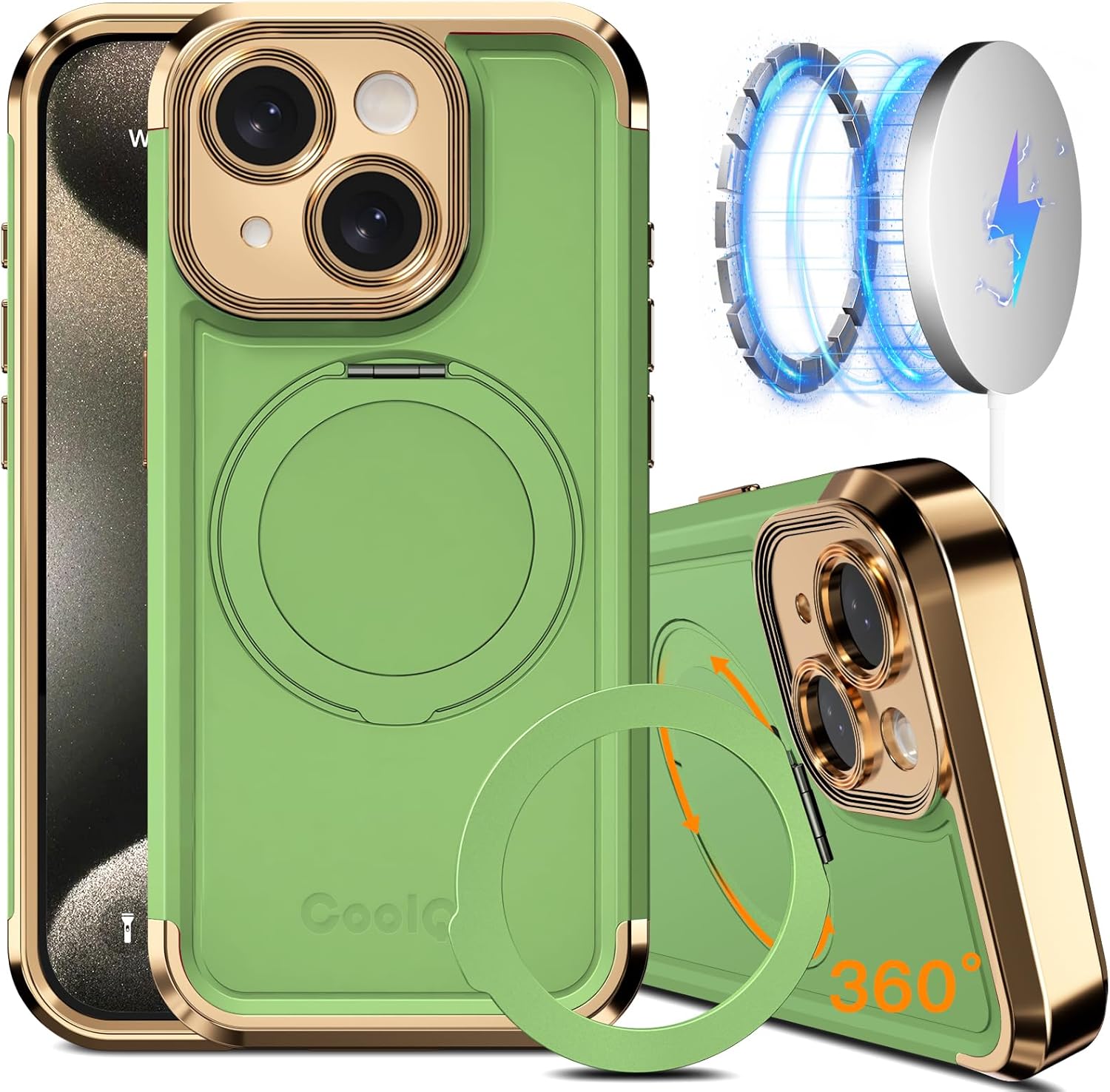 COOLQO for iPhone 14 Case 6.1'' Upgraded 360° Spin Magnetic Stand [Compatible with Magsafe][Military Grade Drop Protection] Shockproof Protective Phone Holder Cover for iPhone 14, Matcha Gold