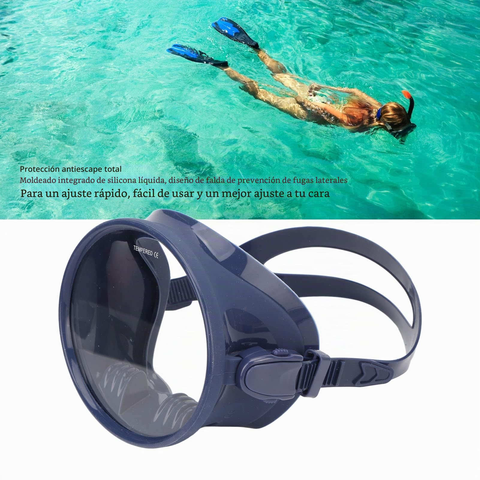 Asixxsix Máscara de buceo, gafas de buceo ovaladas sin empañamiento, gafas de buceo con máscara a prueba de fugas, gafas de snorkel de vidrio templado con visión ancha, ajustable para adultos (azul)