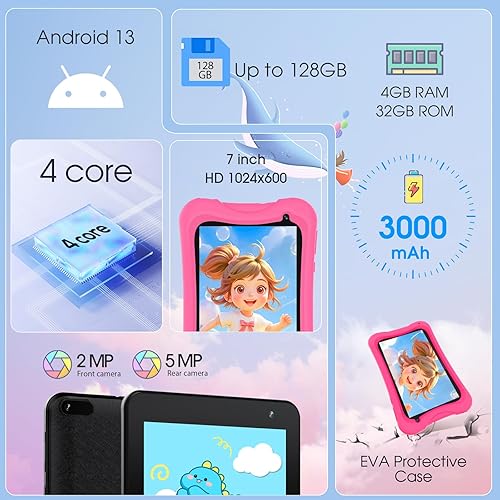 Miniatura 6 de DigiLand Tablet infantil de 7 pulgadas, CPU de cuatro núcleos, 4 GB+32 GB+TF expandir, cámara dual 2 MP+5 MP, protección ocular de seguridad,