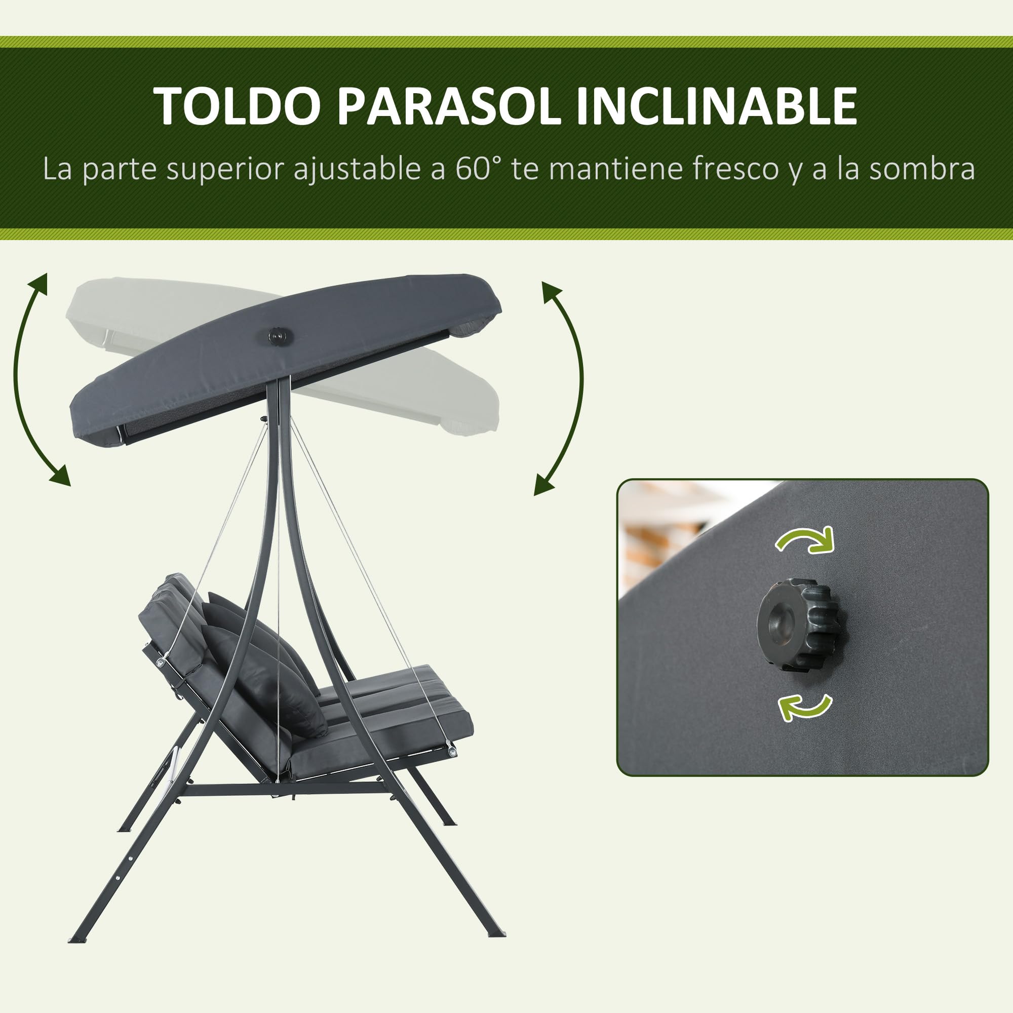 Outsunny Columpio de Jardín Exterior de 3 Plazas, Balancín de Jardín Exterior con Techo Ajustable Cojines, Almohadas y Estructura de Acero, para Terraza, Patio, Carga 320 kg, 202x115x168 cm, Gris