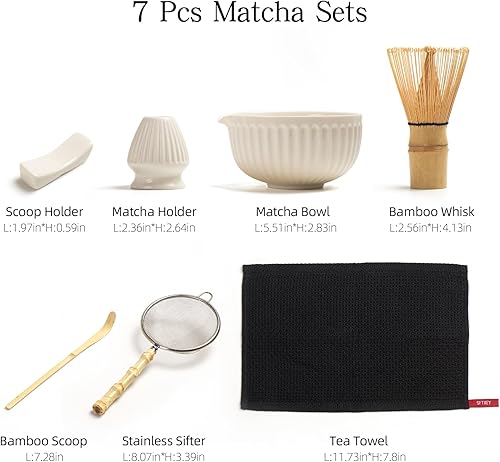 Miniatura 7 de Matcha Whisk Set, Matcha Set Includes Ceramic Matcha Bowl, Matcha Whisk and Holder, Bamboo Scoop, Sifter, Scoop Rest and Tea Towel - 7 Pcs Matcha