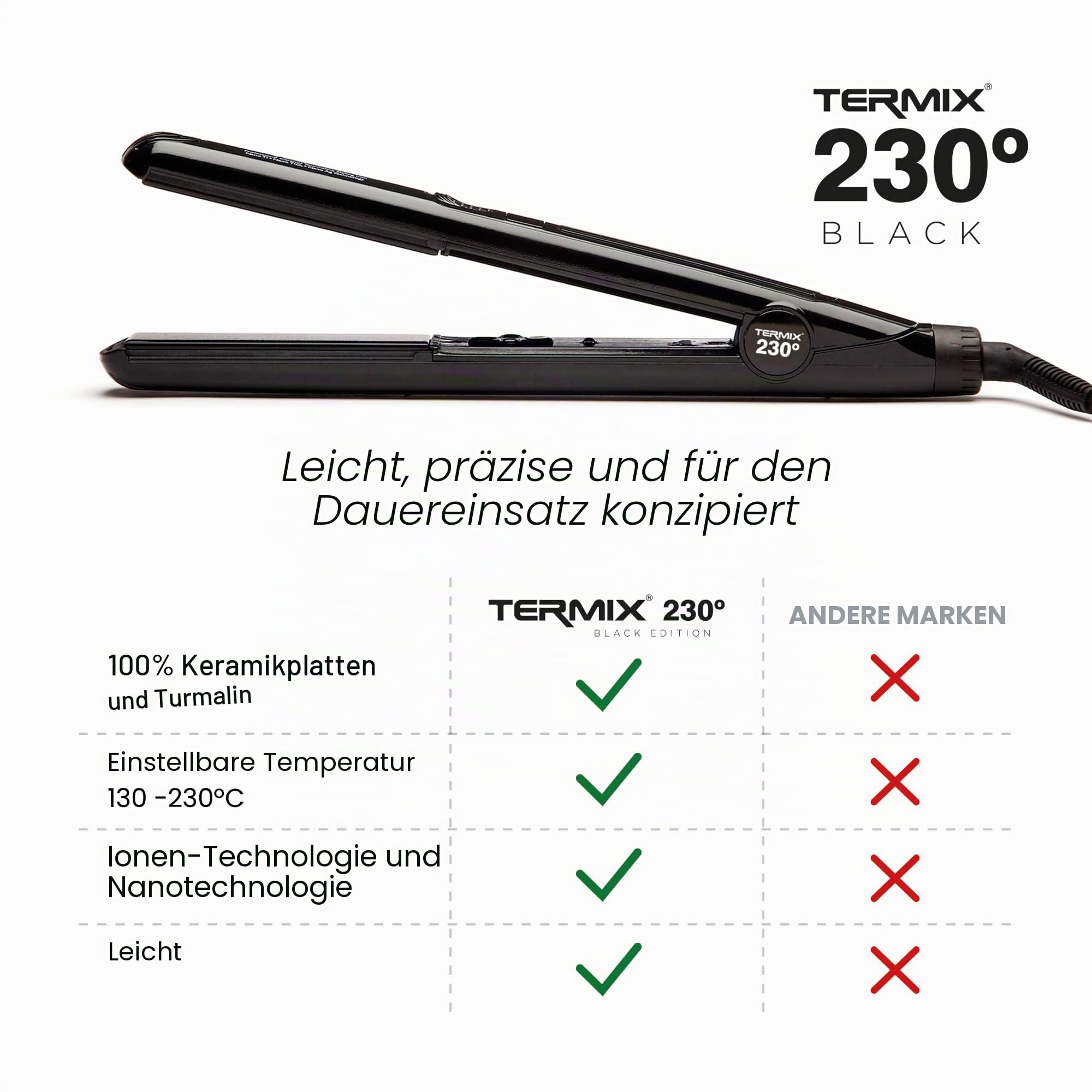 Termix 230º-Glätteisen in der schwarzen Edition. Glätteisen mit Keramikplattentechnologie. Digitales Temperaturregulierungssystem. Infrarotsystem. Nanotechnologie. Reduziert Frizz und hält das Haar länger weich.