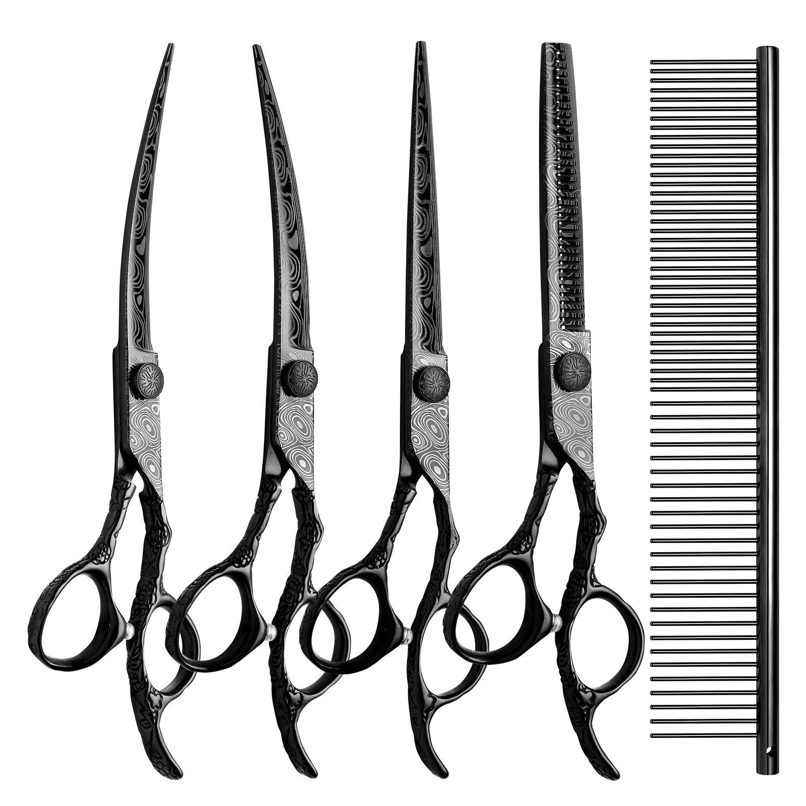 CITYWISH Dog Grooming Scissors,Black with Safety Round Tips,5 in 1 Curved Dog Scissors for Grooming,Professional Pet Grooming Shears Set for Dogs and