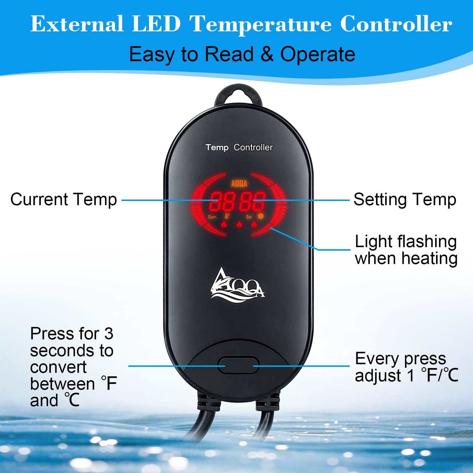AQQA Calentador de acuario de 800 W para acuario sumergible de 80 – 220 galones para acuario Betta Fish Heater Termostato calentador hidropónico de agua dulce y agua salada (800 W, 80-220 gal)