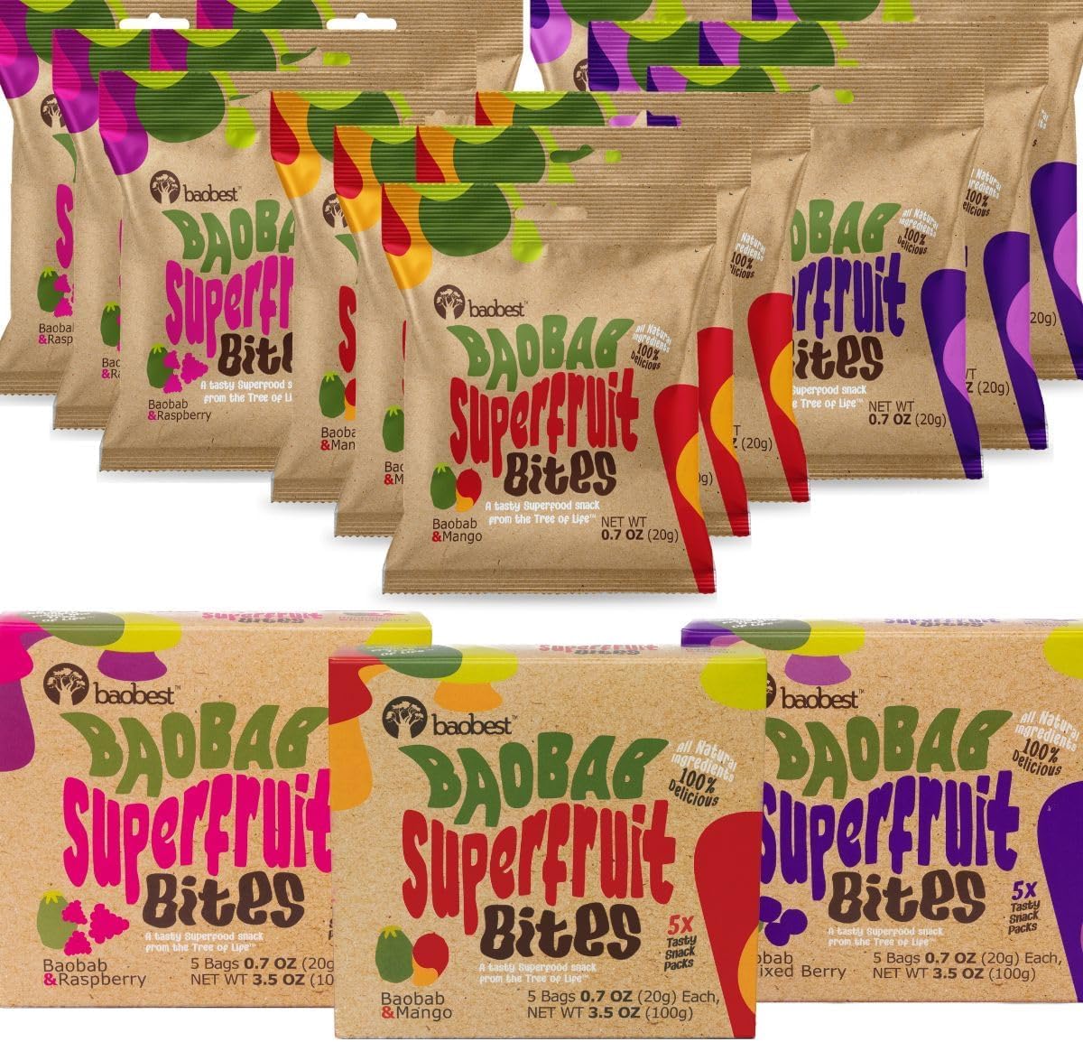 Baobest Superfruit Bites - Baobab Fruit Snack Variety Pack - Berry, Mango, and Raspberry - Vegan, Gluten Free, High in Vitamin C, Preservative-Free, Superfood Snack from the Tree of Life - 15 Servings