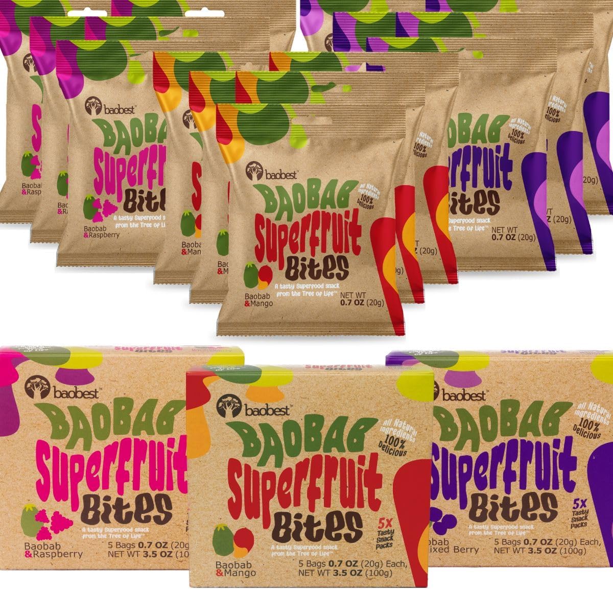 Baobest Superfruit Bites - Baobab Fruit Snack Variety Pack - Berry, Mango, and Raspberry - Vegan, Gluten Free, High in Vitamin C, Preservative-Free, Superfood Snack from the Tree of Life - 15 Servings