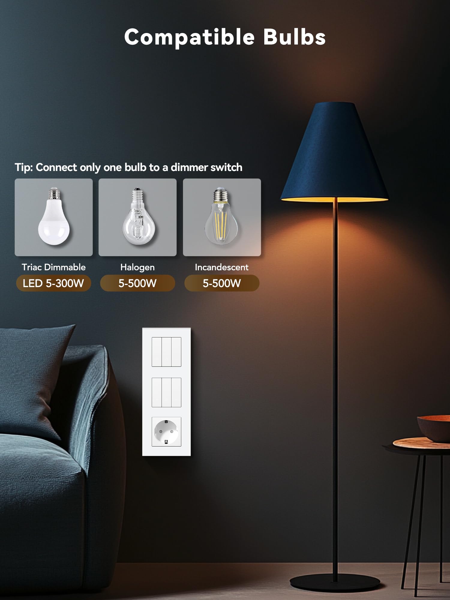 Interruttore dimmer intelligente WIFI con presa Schuko, presa normale, 1 interruttore dimmer, 2, compatibile con Alexa/Google Home, interruttore dimmerabile, bianco (neutro richiesto)