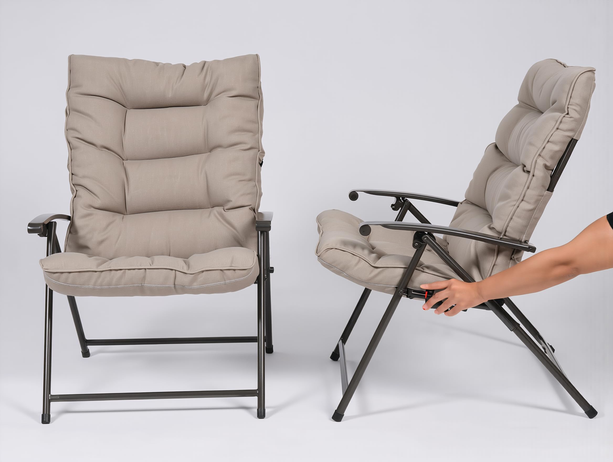 Set da Giardino Pieghevole 5 Pezzi SANTORINI – 4 Poltrone Reclinabili con Cuscini Beige + Tavolino Rotondo Ø86 cm Vetro Temperato – Schienale Regolabile 2 Posizioni – Arredo Giardino Salvaspazio