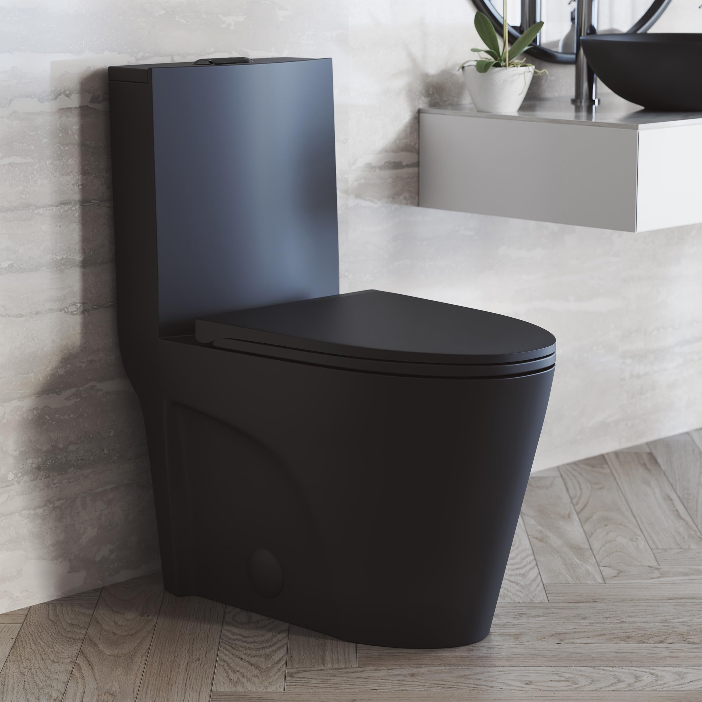 Angers One Piece Elongated Toilet Dual Vortex™ Flush in Matte Black, Black Hardware 1.1/1.6 gpf