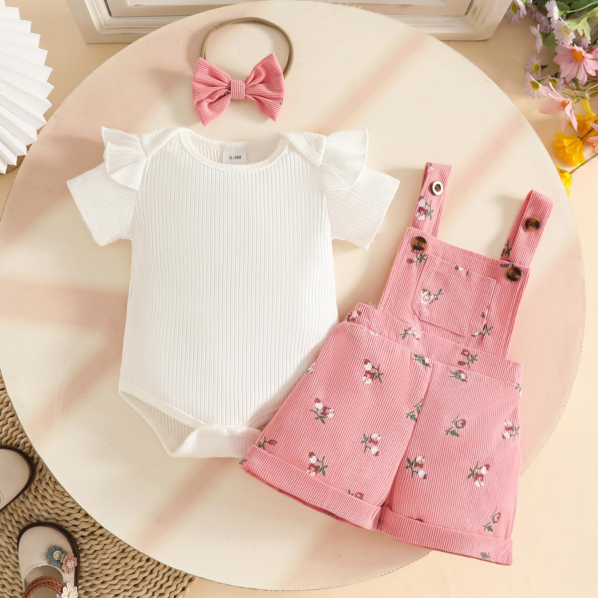 Kleinkind Baby Mädchen Sommerkleidung Rippstrick-Tops Trägerhosen mit Blumenmuster und Stirnband