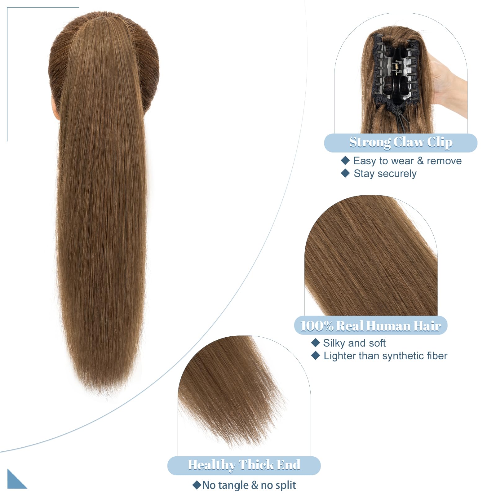 SEGO Coda di Cavallo Capelli Veri Clip Pinza Extension Ponytail Naturale Remy Human Hair Umani Lisci 40cm Fascia Unica 105g - # Castano Cioccolato