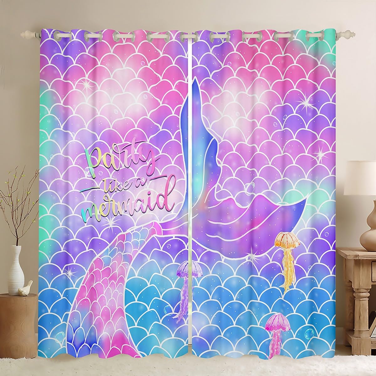 Girls Mermaid Curtains, Fish Scales Blackout Curtains 42