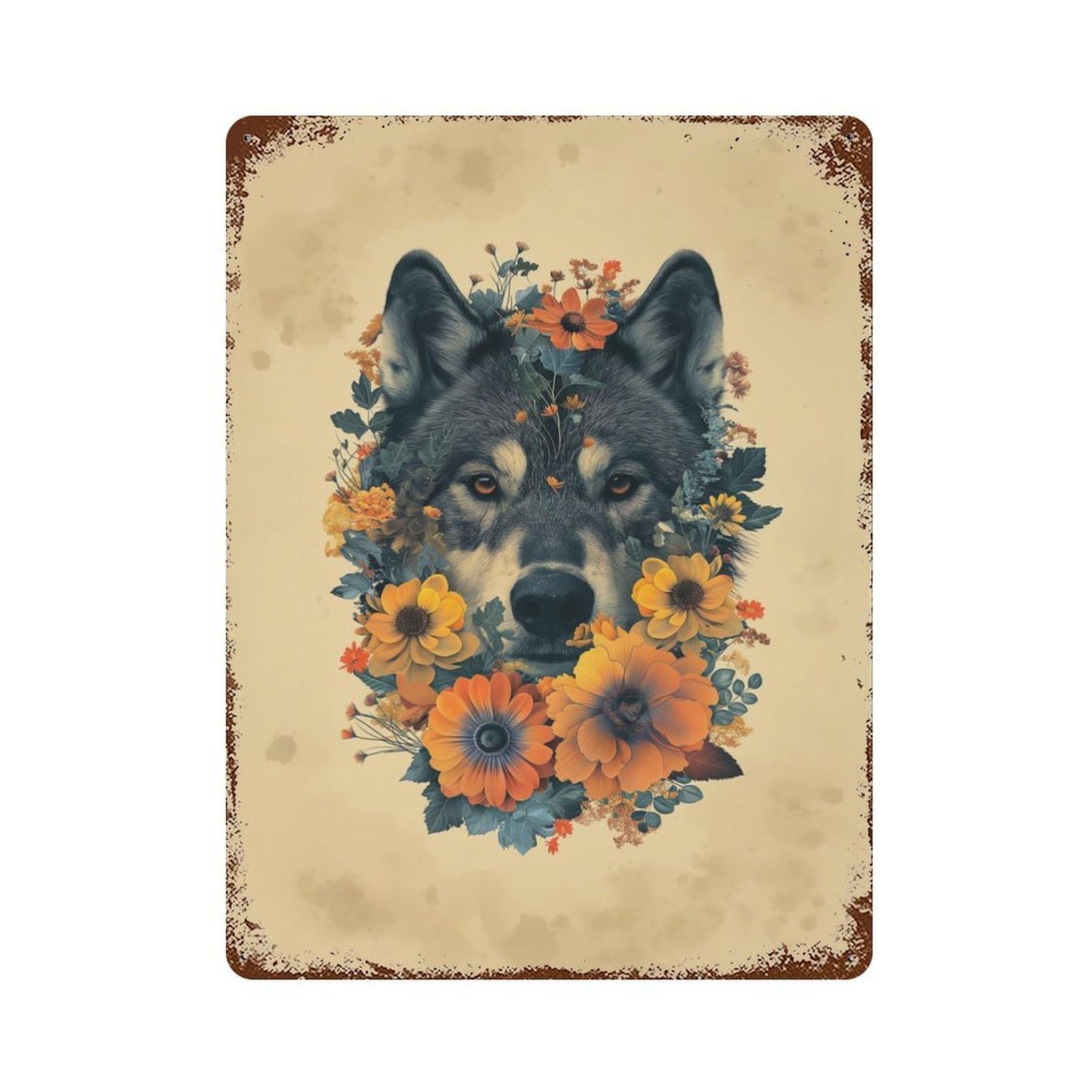 Rust Effect Wolf in Flowers Weathered Tin Sign 15.7"x11.8", Farmhouse Wall Decor for Farmhouse, Kitchen And Entryway Decor
