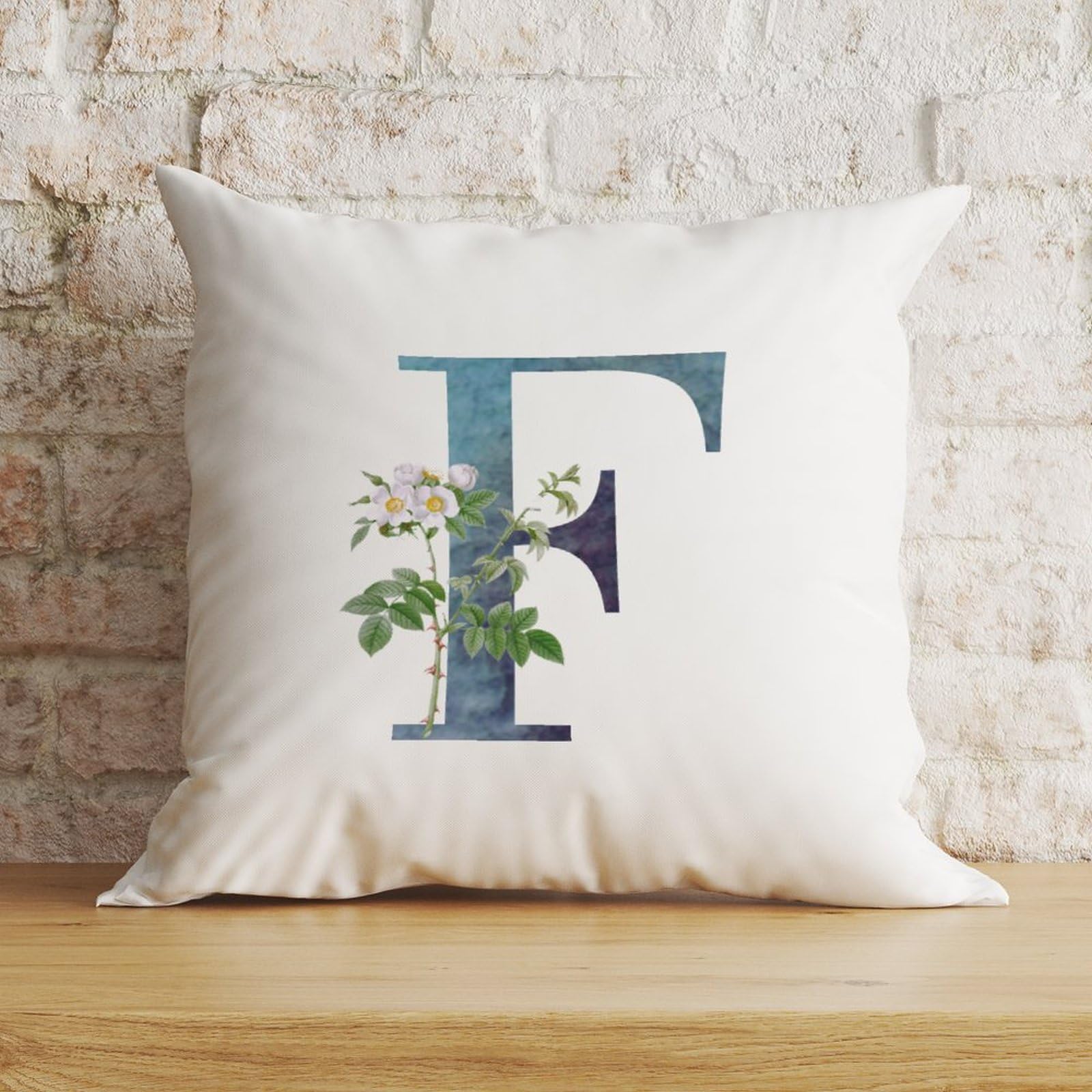 Zyadsinoudor Pillow Cover Monogram Initial F Blue Cushion Cover Alphabet White Floral Decorative Pillow Home Cotton Linen Last Name 18x18in Abstract Accent Pillowcase For Couch Sofa Farmhouse Decor โ image 1