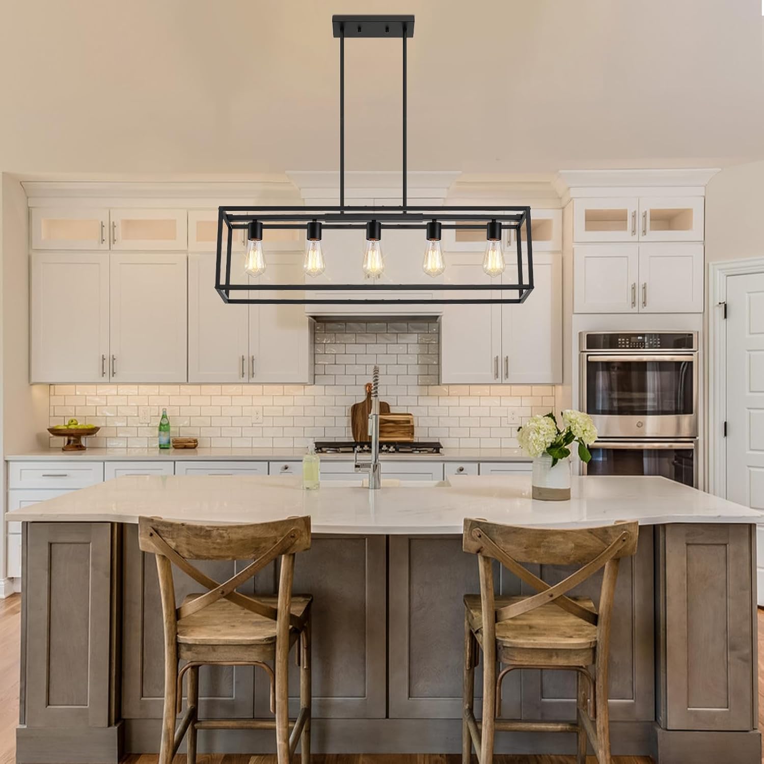 5-Light Dining Room Light Fixture,Black Farmhouse Kitchen Island Lighting,Rustic Pendant Light Over Table with Adjustable Rods,Modern Linear Chandeliers for Dining Room Kitchen Island