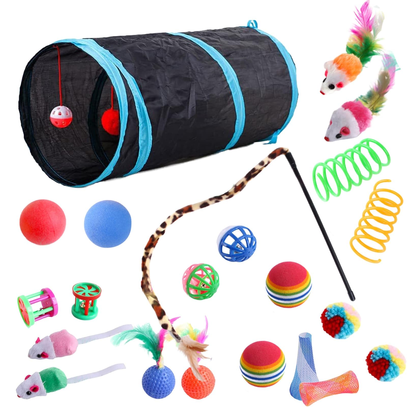 WEELOO Cat Toys Kitten Toys 22-Piece, Cat Tunnel, Feather Mice, Bell Balls & Springs for Indoor Cats, Chase Play, Jumping Fun Practice & Boredom Relief, Random Fun Colors