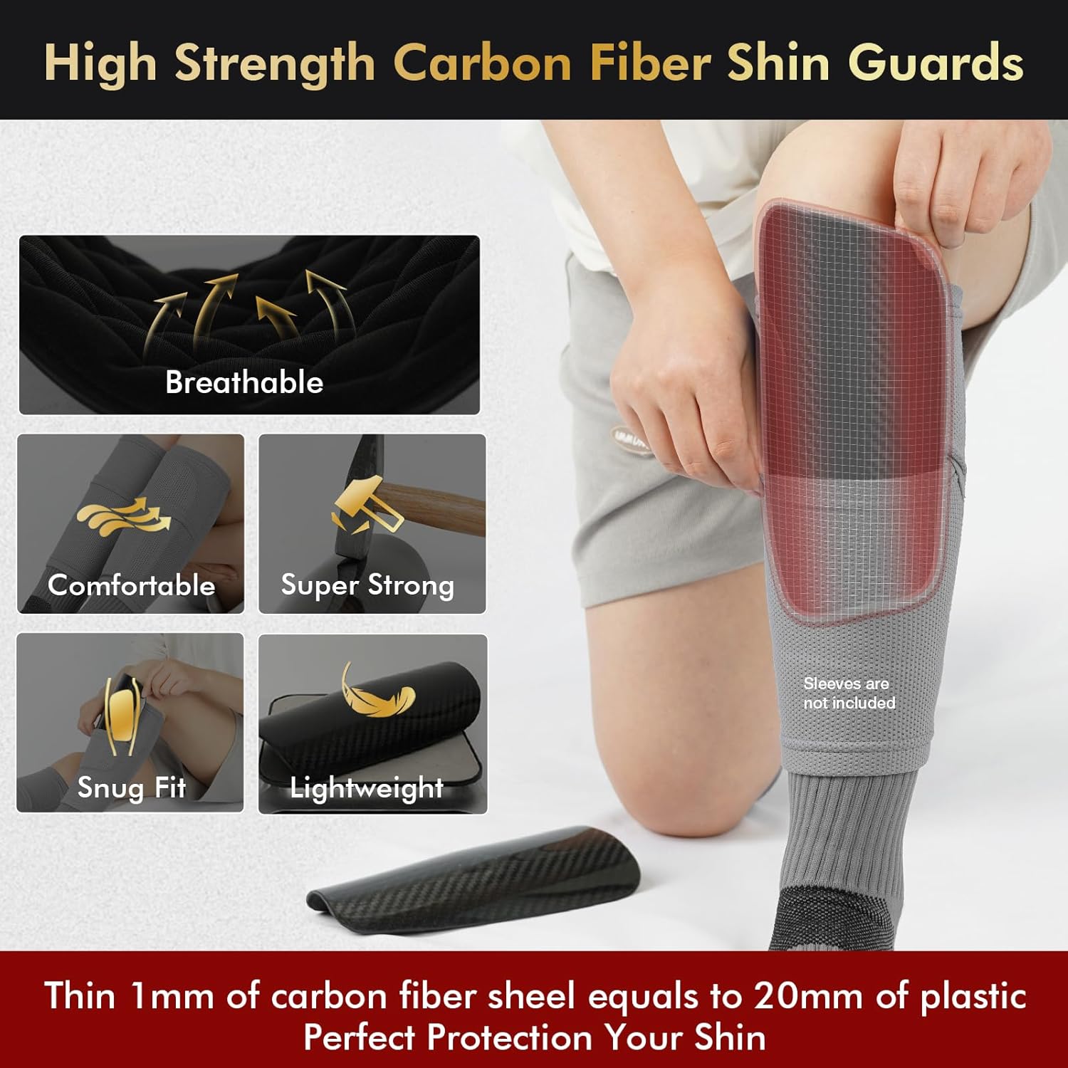 ARRIS Carbon Fiber Soccer Shin Guards, Super Strong, Ultra Light, Shock Resistance, Air Permeability, Suitable for Adult, Youth, Kid, Effective Protection