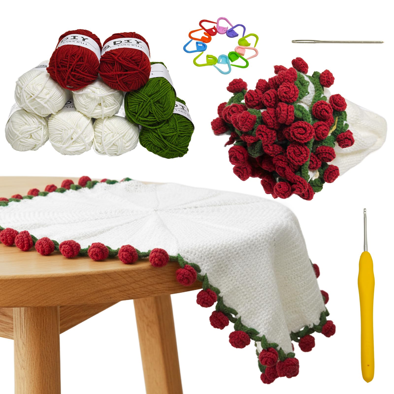 Cvkwe Crochet Flower Bouquet Rose Blanket, 70cm Flower Blanket DIY Crochet Kit with Yarn and Tools Instruction, Rose Bouquet Knitting Kit for Beginners, Lovers, Home Décor & Thoughtful Gifts
