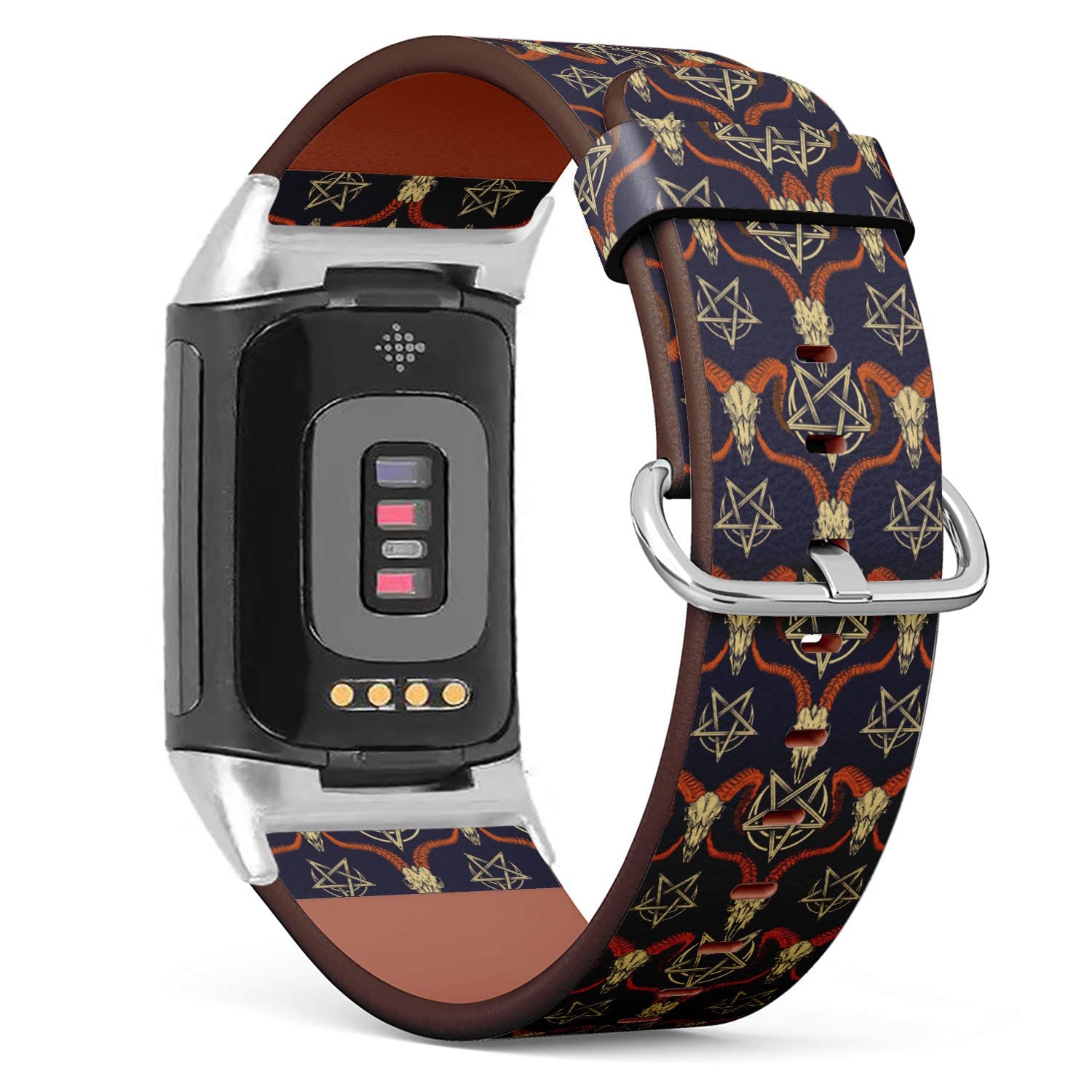 Compatible with Fitbit Charge 5 , Patterned Leather Replacement Band (Pattern with goat and ram skulls with stylish pentagram?)
