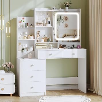 Halitaa Vanity Desk with Mirror and Lights, Makeup Vanity Table with 6 Drawers & Shelves, 3 Lighting Modes & Adjustable Brightness Dressing Table with Power Outlet for Bedroom Dressing Room, White
