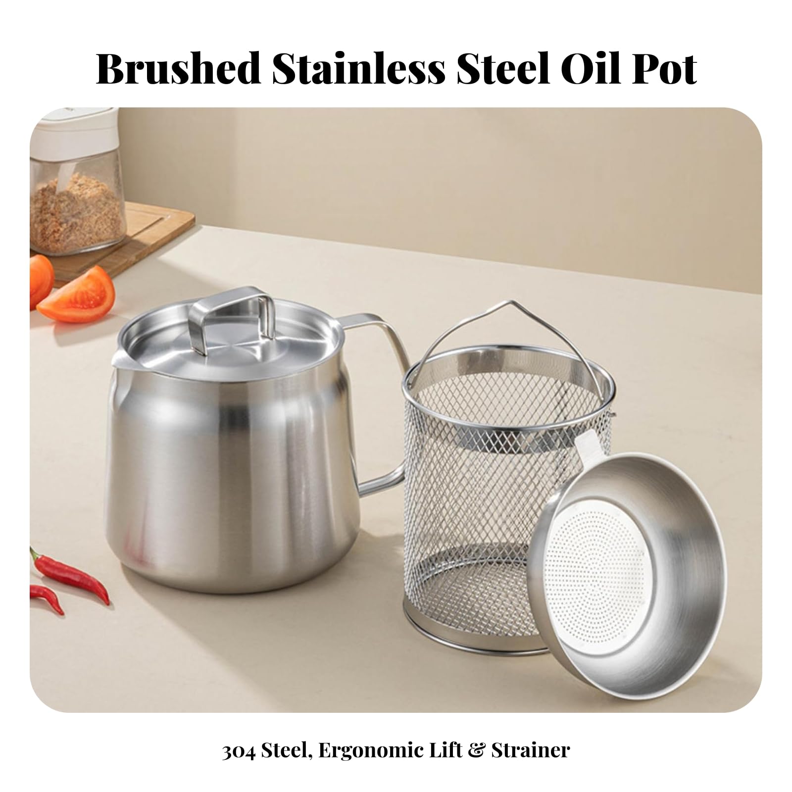Recipiente para Grasa Higiénico | Reutilizable, Aceitera con Colador, para Cocina, Cocineros, 2.0L, Con Cesta