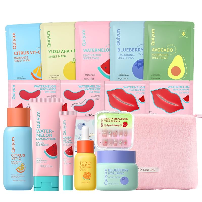 QUIYUM Conjunto de Cuidados Faciais com Frutas, Nécessaire Rosa de Pelúcia e Nail Art de Morango