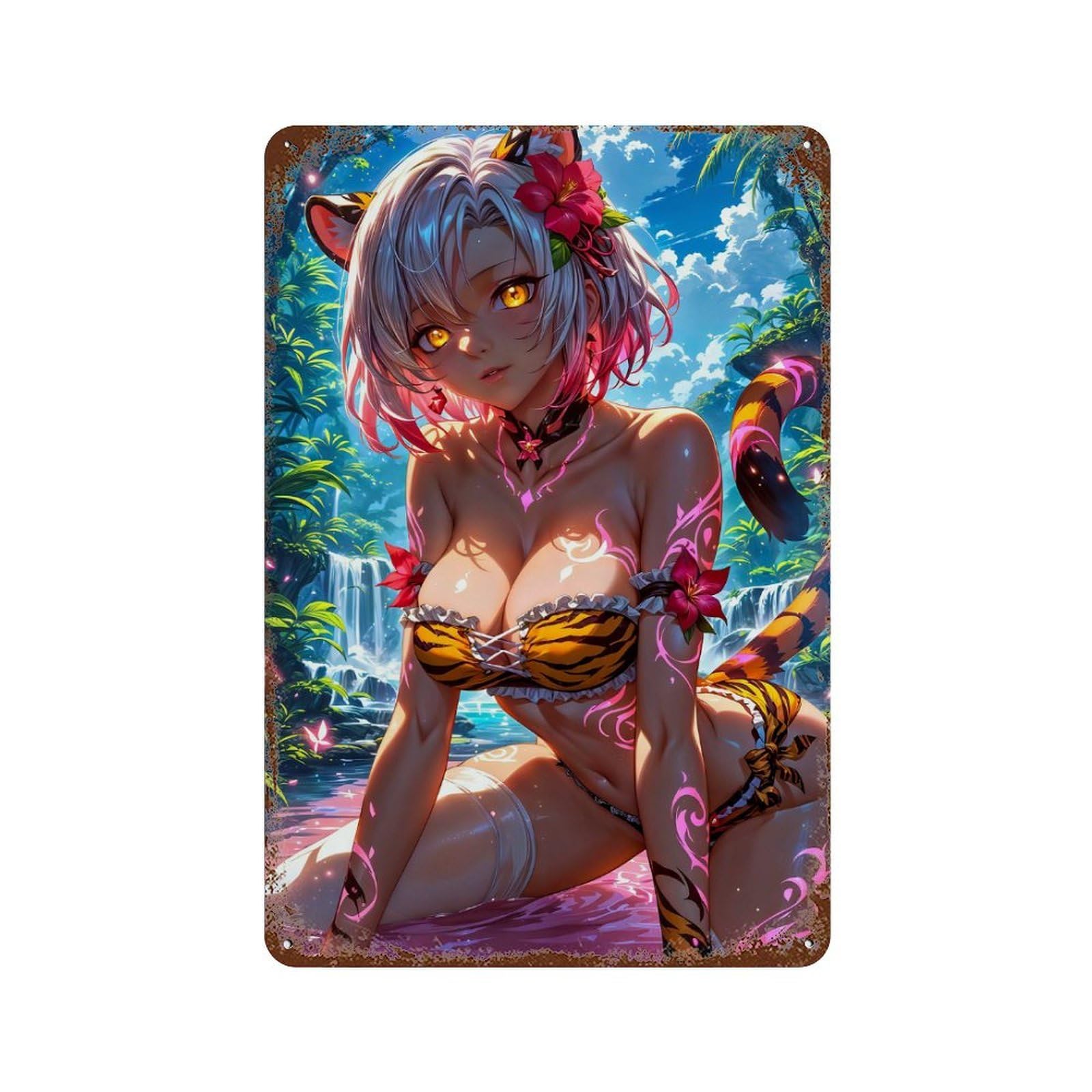 Tiger Anime Girl 11.8"x7.9" Retro Metal Sign, Shabby Chic Decor for Garage, Bar And Workshop Decor