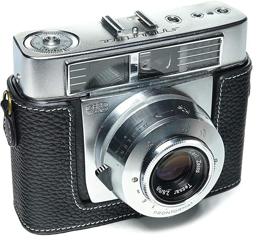 Vista 3 de Funda Symbolica, BolinUS hecha a mano de piel auténtica auténtica para cámara Zeiss Ikon Symbolica con correa de mano (negro)