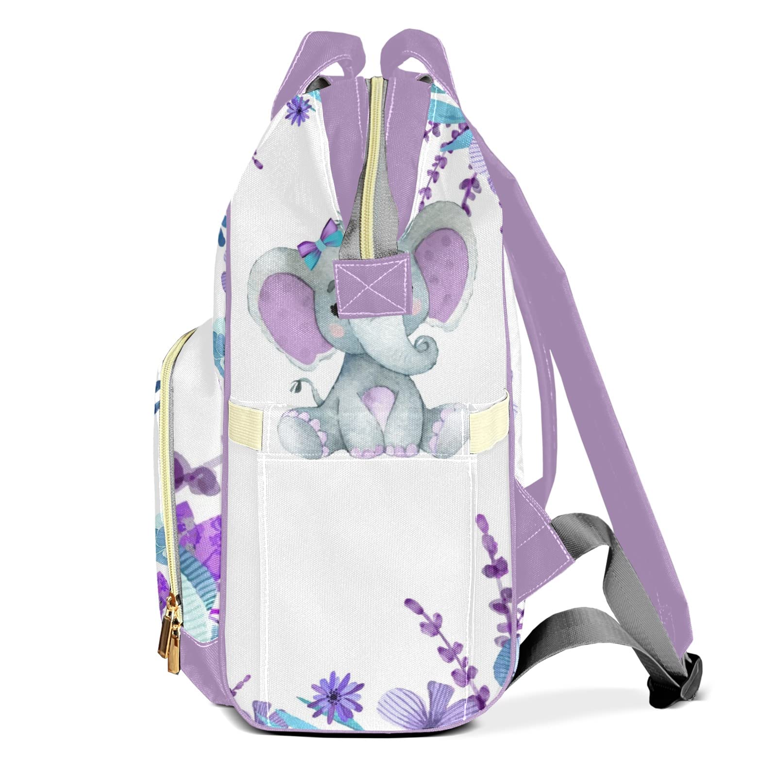 Purple Teal Elephant Diaper Backpack with Name Custom Backpack Mommy Nappy Baby Bag Waterproof Casual Travel Daypack Tote Bag for Mom Dad