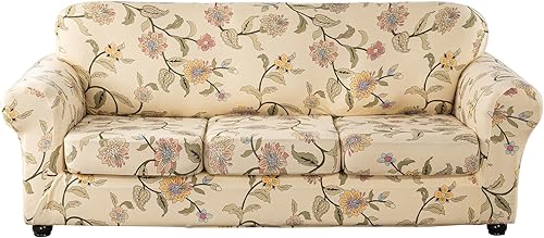 Lamberia Funda estampada para sofá de 3 cojines, funda de sofá de alta elasticidad de 4 piezas con tres fundas de cojín separadas con parte inferior