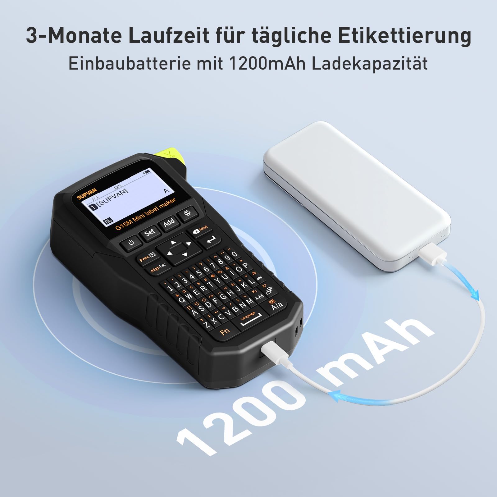 SUPVAN G15M Mini Etikettendrucker mit 4 Rollen,ideal für den Außenbereich | Thermotransferdruck,Kompatibel mit verschiedenen Etikettentypen, Bluetooth Verbindung, App und Tastatur, 5 mm Rand, aufladbar